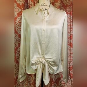 Express Satin Cream Button-Down Drop- Waist Bow Detail Blouse Size L